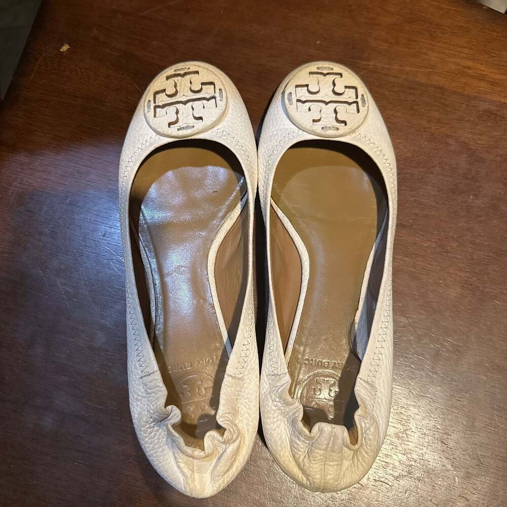 Tory Burch Minnie Travel Ballet Flats, White Pebbled Leather, Women's 7.5